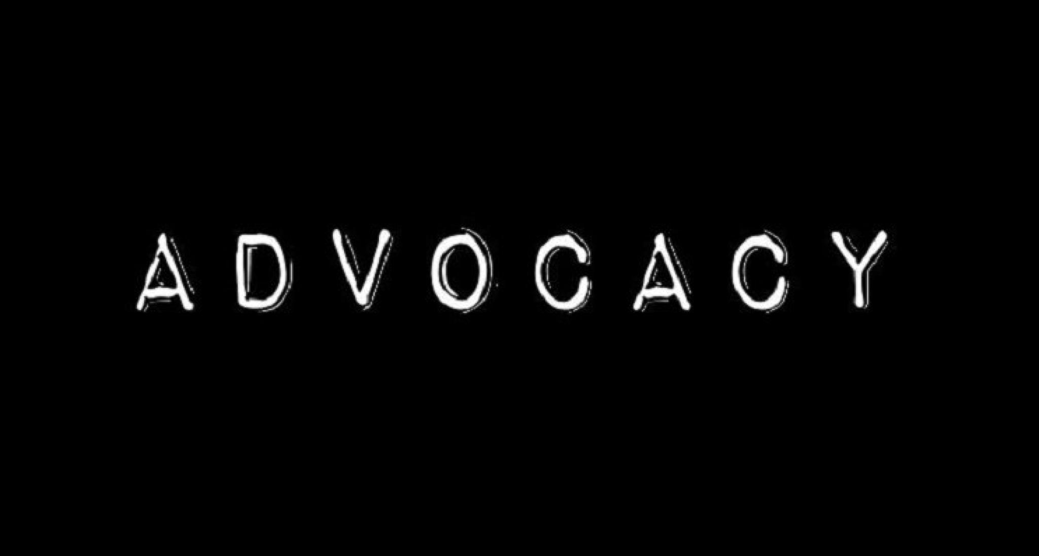 Word 'advocacy' written in white against black background