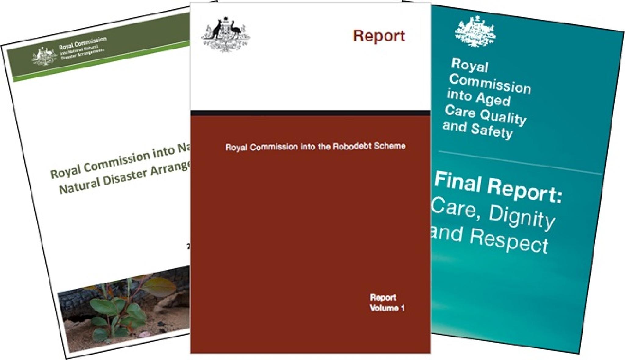 Image of three Australian Government Royal Commission Report covers, © Commonwealth of Australia 2024 (https://www.royalcommission.gov.au/copyright), used under a Creative Commons Attribution 4.0 International licence