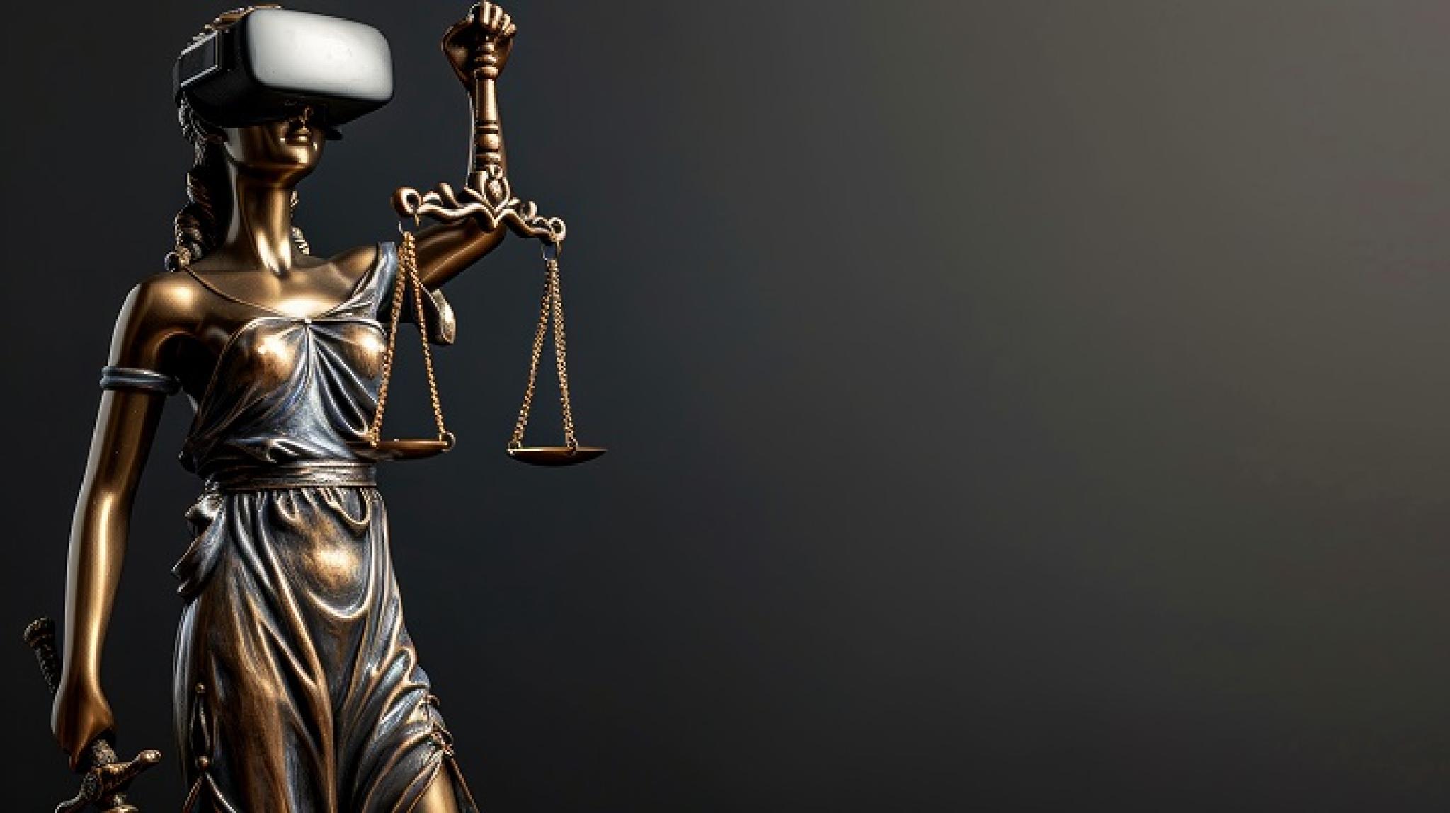 AI generated image of Lady Justice wearing a virtual reality headset by Дмитрий Симаков from Adobe Stock used under Education license
