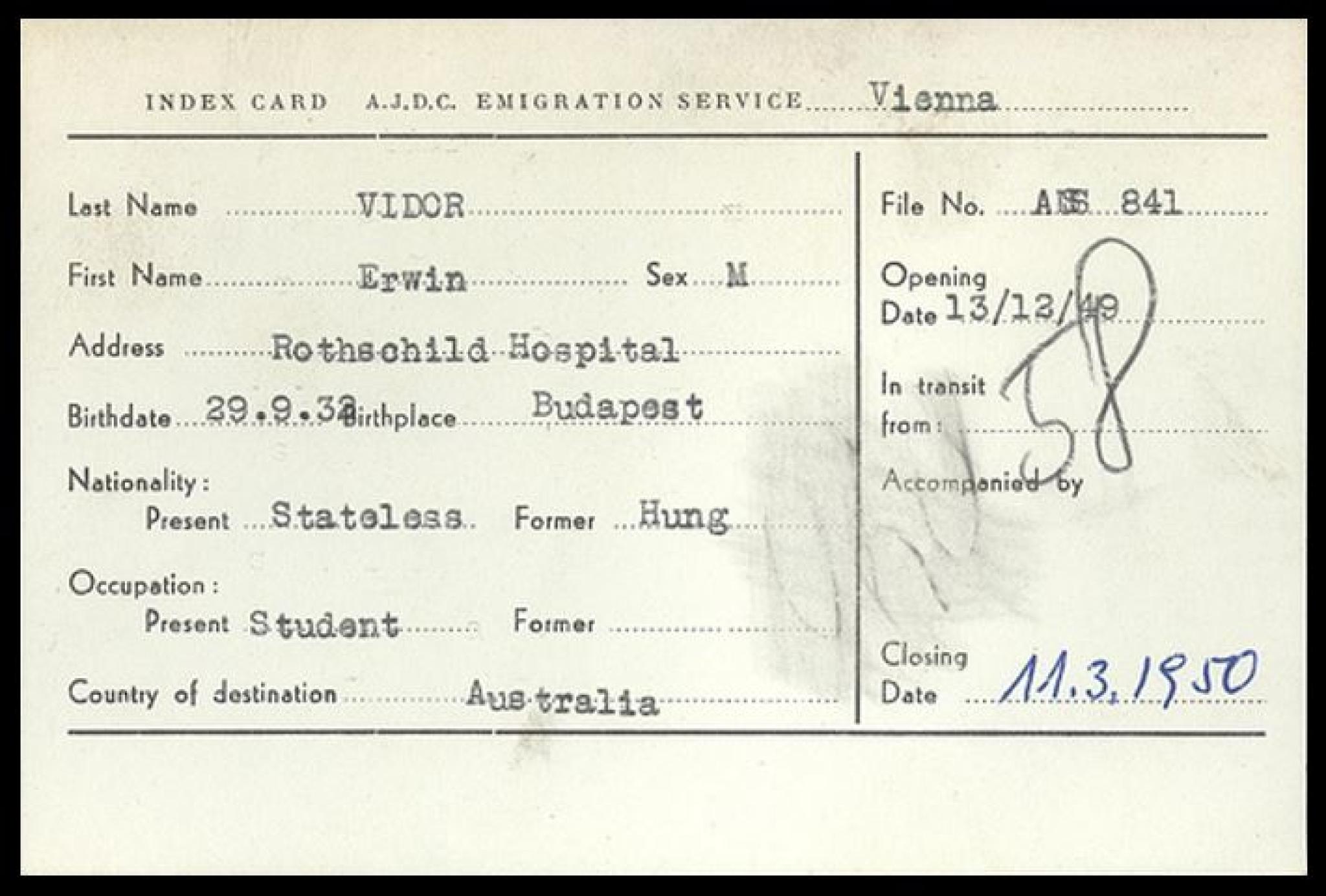 Public domain image of American Jewish Joint Distribution Committee (JDC) index card for a stateless person destined for Australia following the Second World War from https://commons.wikimedia.org/wiki/File:DP-Vienna.jpg.