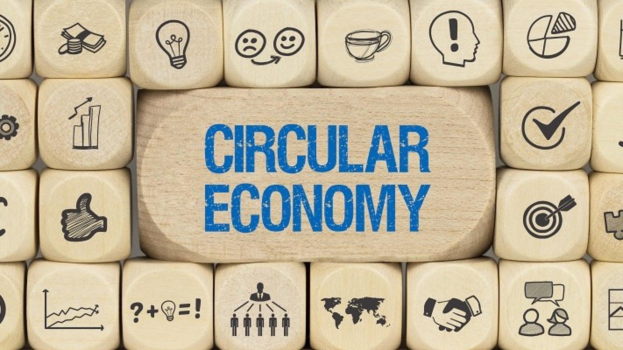 Image of blocks with various icons signifying economic activity, circling a larger block with the words ‘circular economy’, by magele-picture, from Adobe Stock, used under Educational Licence. 