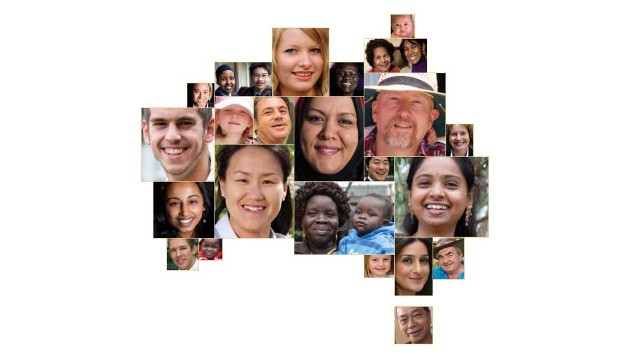 Image of multicultural faces from the cover of an Australian Government publication ‘The People of Australia: Australia’s Multicultural Policy’, launched 16 Feb. 2011, from former Senator Kate Lundy’s flickr account (CC BY 2.0). 