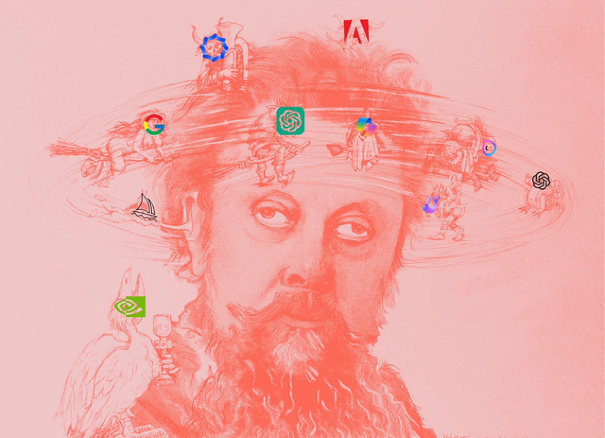 Illustration of a disoriented, fatigued man's head surrounded by swirling AI icons and witch-like figures, by Nadia Piet Nadia Piet & Archival Images of AI + AIxDESIGN Illustration of a disoriented, fatigued man's head surrounded by swirling AI icons and witch-like figures, by Nadia Piet Nadia Piet & Archival Images of AI + AIxDESIGN