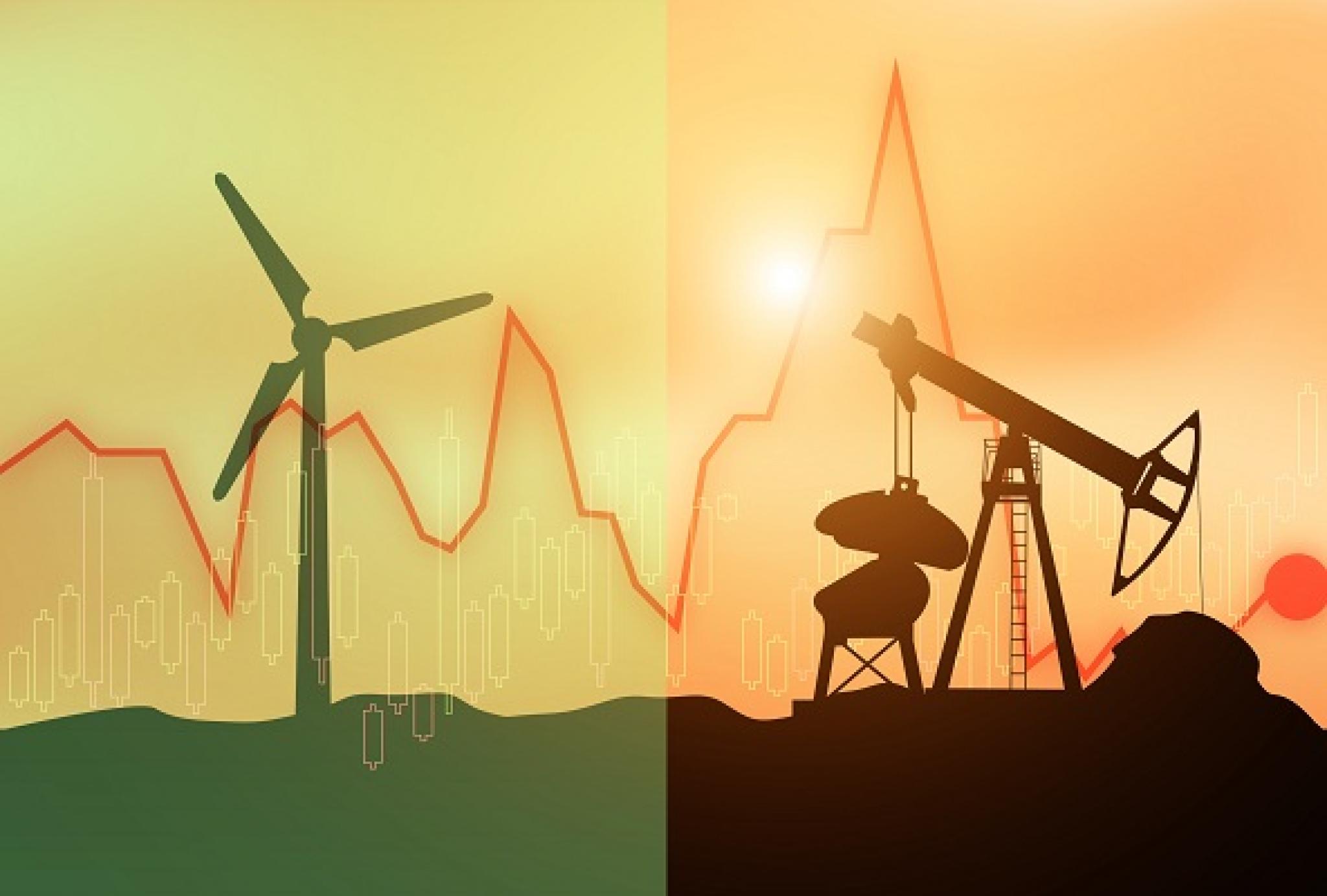 Illustration of wind turbine and oil well in silhouette overlaid by statistical graphs, by NOTE OMG, from Adobe Stock, used under Educational Licence. Illustration of wind turbine and oil well in silhouette overlaid by statistical graphs, by NOTE OMG, from Adobe Stock, used under Educational Licence.