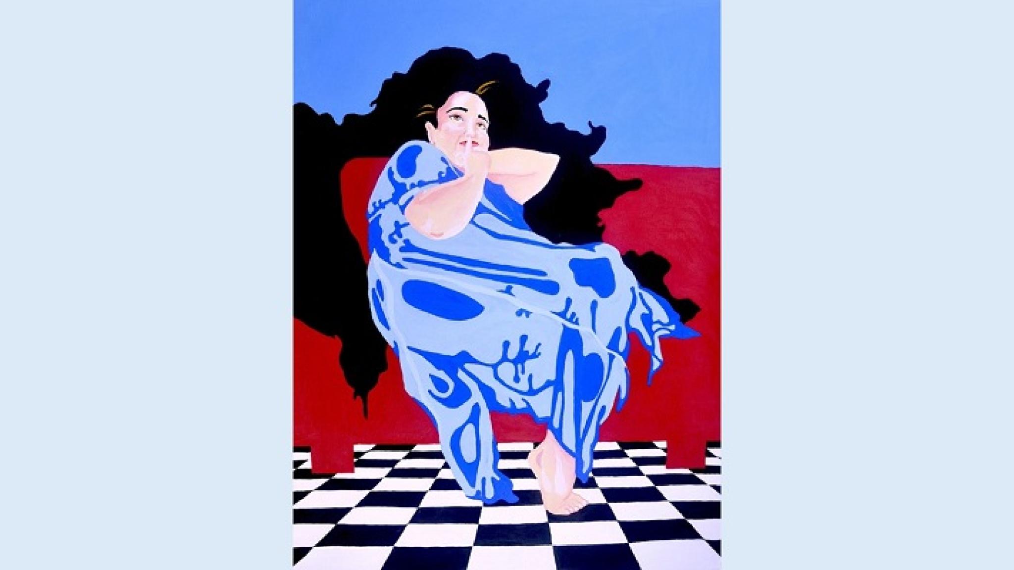 Artwork of a woman leaning back on a sofa, making a ‘shush’ silencing gesture, by the artist Güler Altunbas, used with permission.