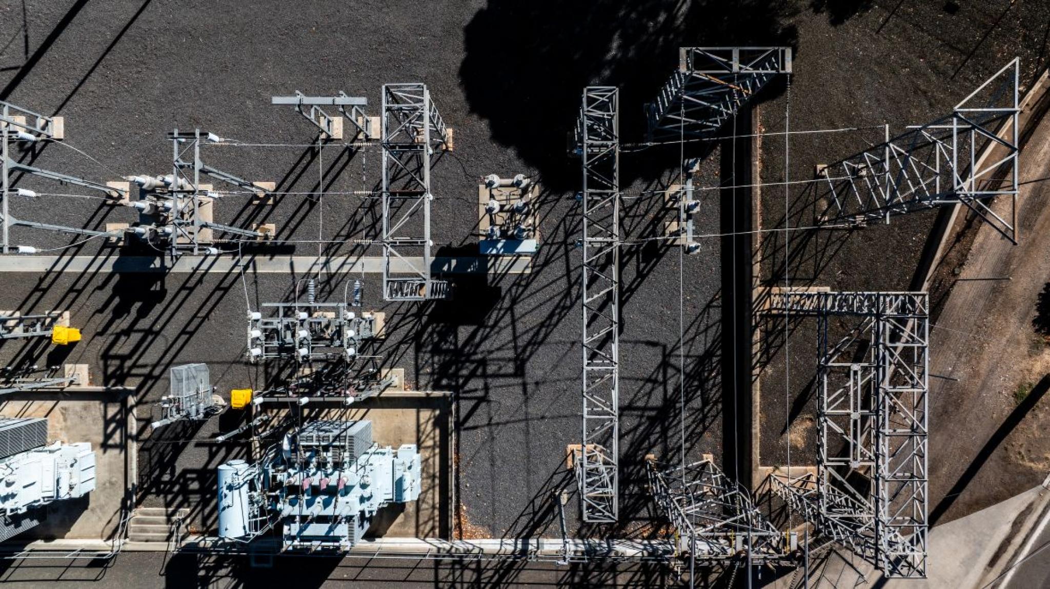 top down aerial view of electric components at a zone substation servicing a small country town in central Victoria