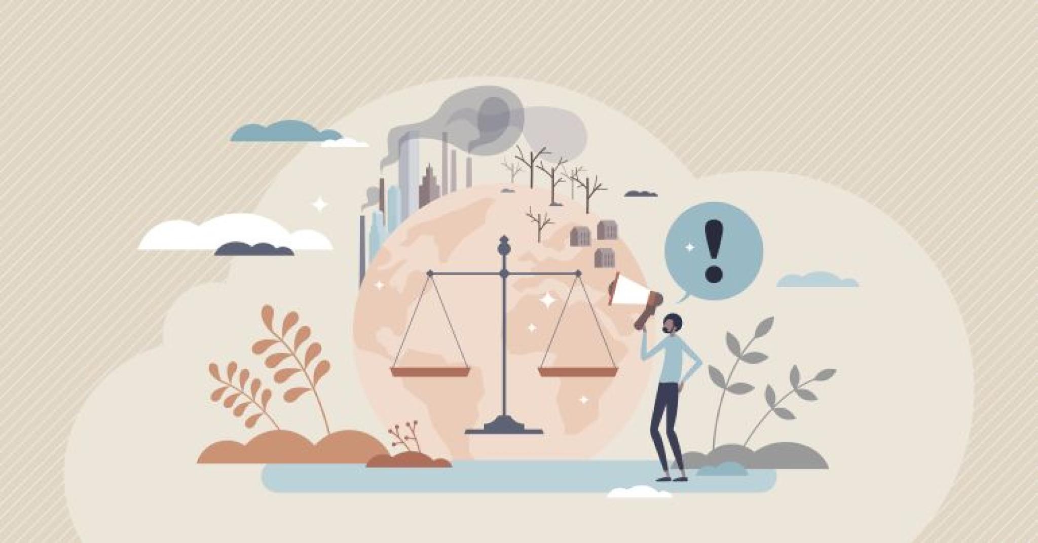 Climate justice and unfair global air pollution impact tiny person concept. CO2 emissions footprint uneven distribution between poor and rich countries vector illustration. Emissions trading problem.