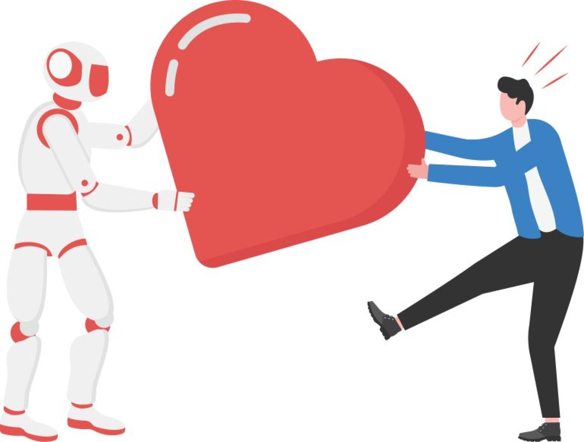 Robot and Businessman Carrying Large Red Heart
