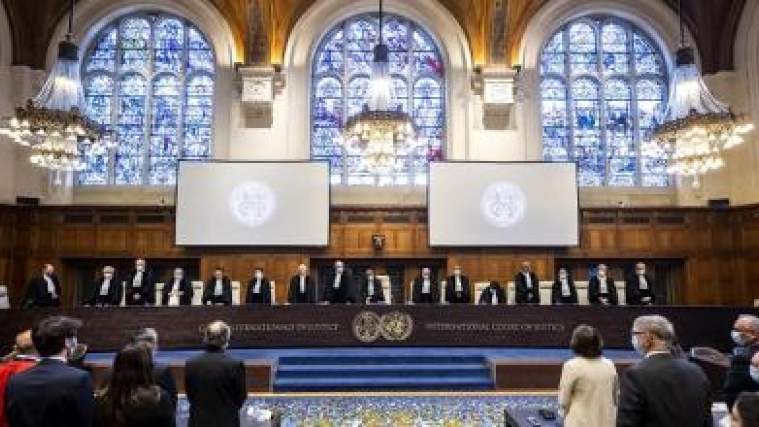 Image: View of the ICJ courtroom on 1 December 2022, at the reading of the Judgement of the Court in the Dispute over the Status and Use of the Waters of the Silala (Chile v. Bolivia), from the ICJ website (free to use for educational institutions per ICJ