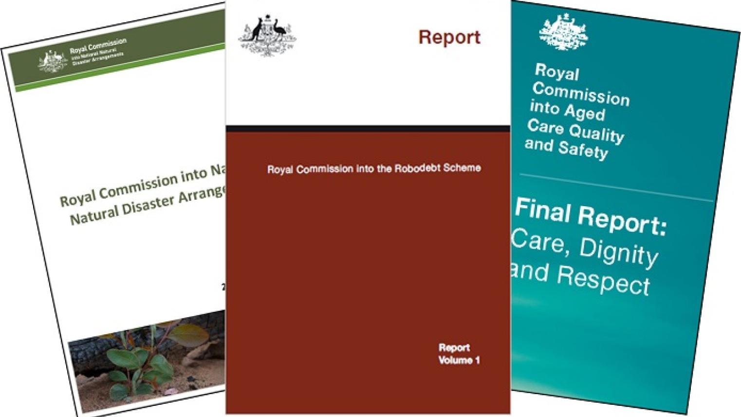 Image of three Australian Government Royal Commission Report covers, © Commonwealth of Australia 2024 (https://www.royalcommission.gov.au/copyright), used under a Creative Commons Attribution 4.0 International licence