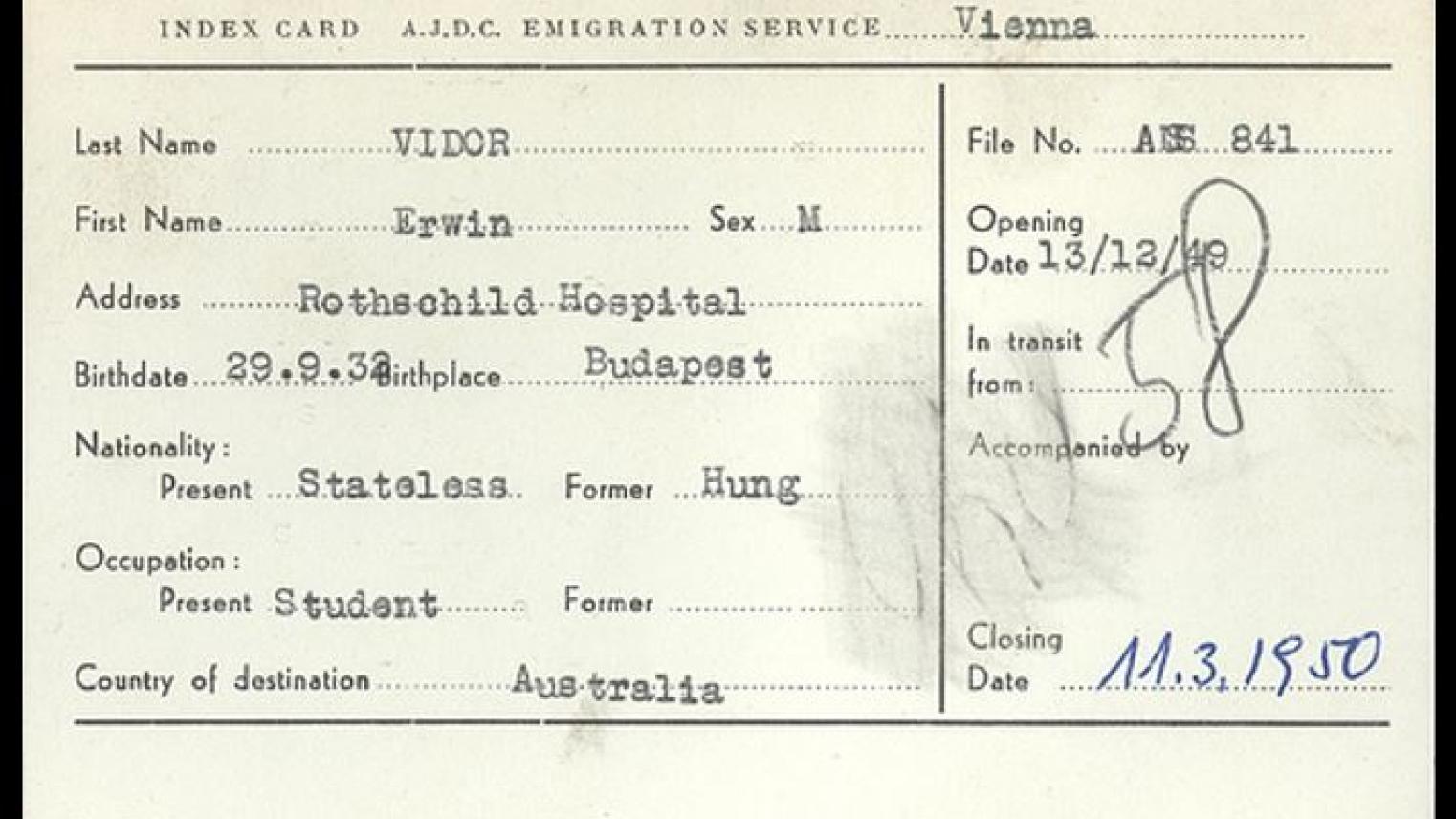 Public domain image of American Jewish Joint Distribution Committee (JDC) index card for a stateless person destined for Australia following the Second World War from https://commons.wikimedia.org/wiki/File:DP-Vienna.jpg.