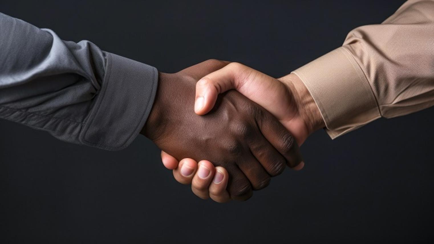 Image of dark and light skin tone hands in a handshake by vladyslav from https://stock.adobe.com/au/images/handshake-black-and-white-hand-no-racism-caucasian-human-interracial-concept-on-the-black-background-isolated/642151369 used under Education License