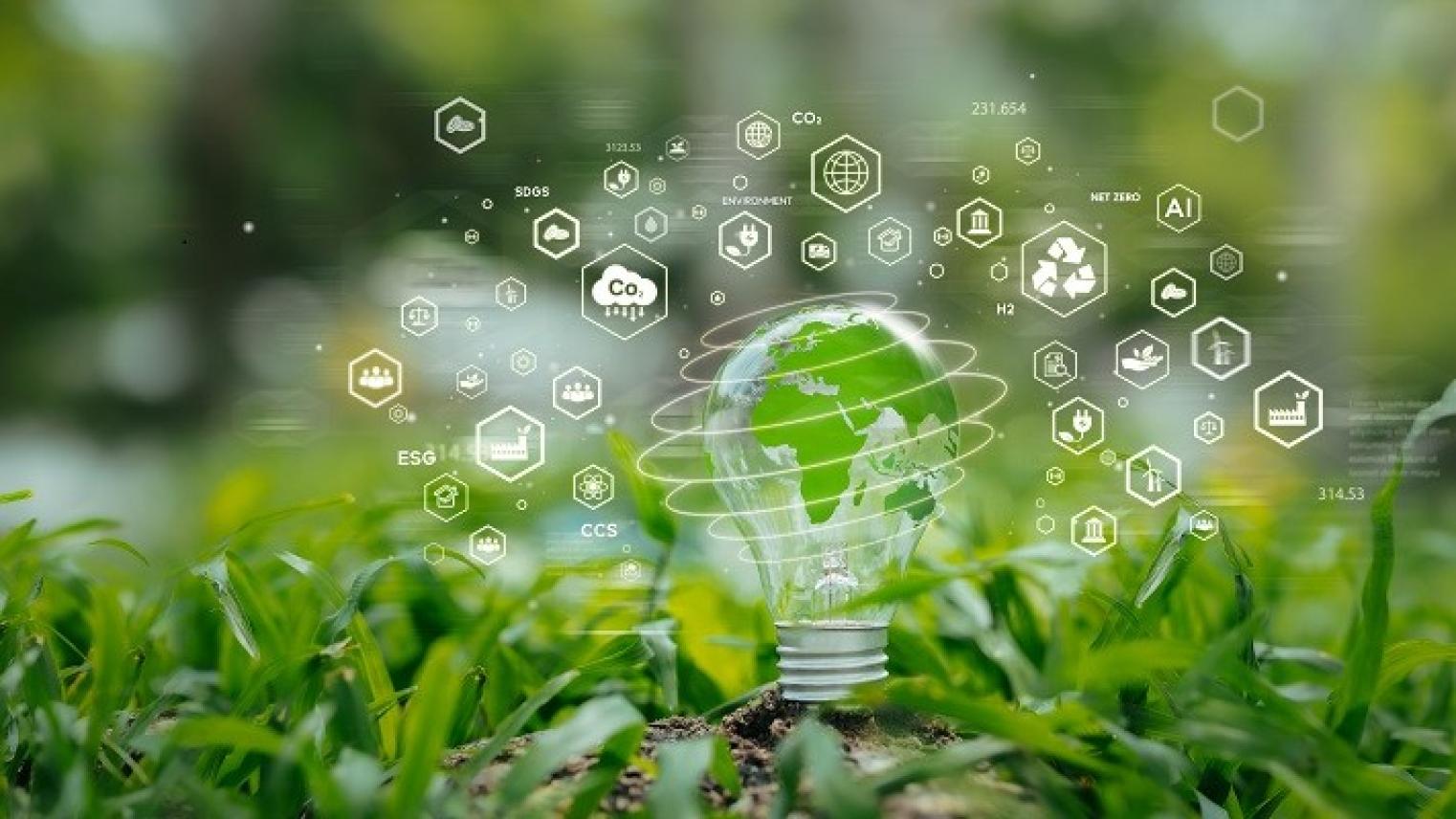 Illustration of icons signifying environmental, social and governance themes orbiting a globe of the earth in the shape of a light bulb by Dee karen, used under Adobe Education license.