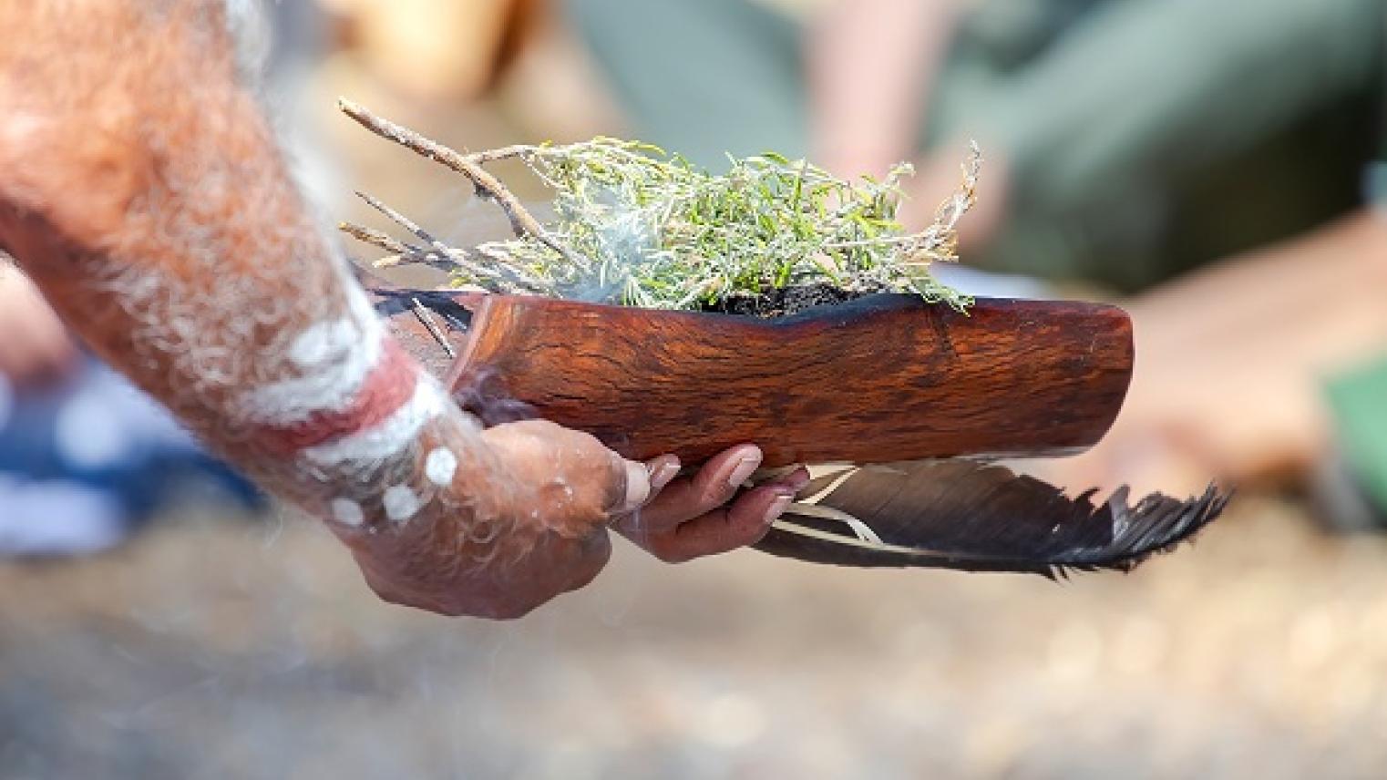 Image of human hands holding coolamon with smoking branches, by Elena Pochesneva, from Adobe Stock, used under Educational Licence.