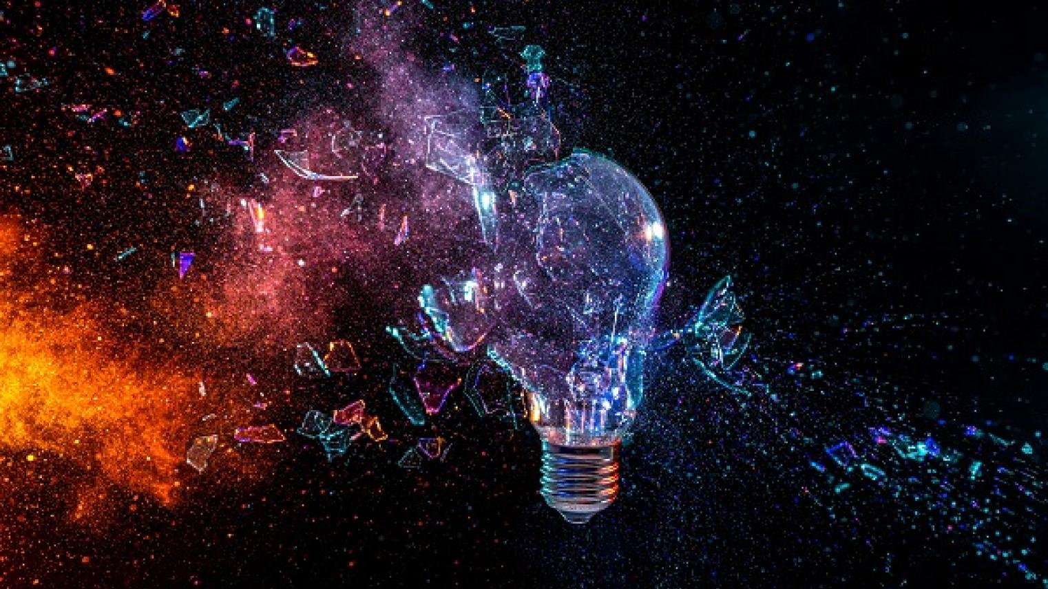 Illustration of light bulb exploding with colourful spatter effect, symbolising an idea shattering, by tiero, from Adobe Stock, used under Educational Licence.