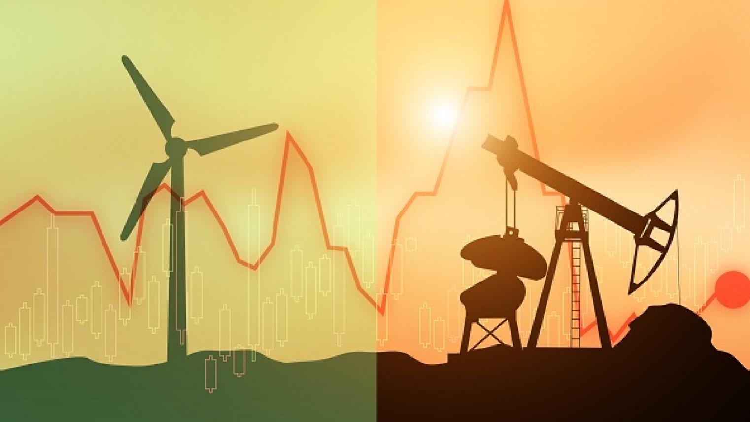 Illustration of wind turbine and oil well in silhouette overlaid by statistical graphs, by NOTE OMG, from Adobe Stock, used under Educational Licence.