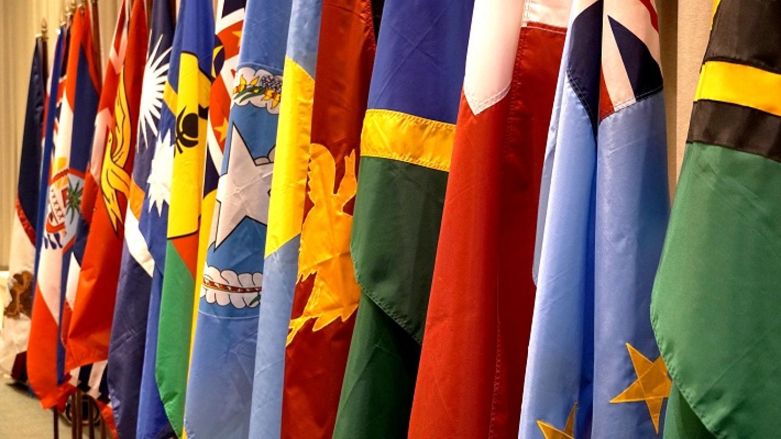 Photo of a row of flags of Pacific Island nations, taken at the 12th Pacific Islands Conference of Leaders, East-West Center, from flickr, used under CC BY-NC-ND 2.0 licence.