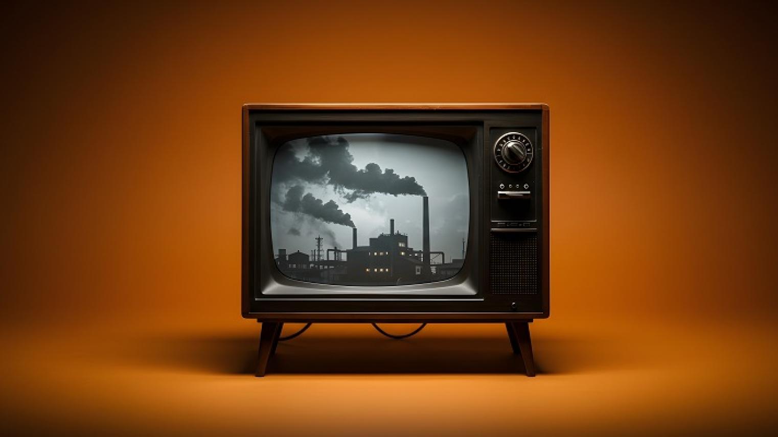 AI generated image of vintage black and white television set showing billowing smoke stacks from Adobe Stock, used under Educational Licence.