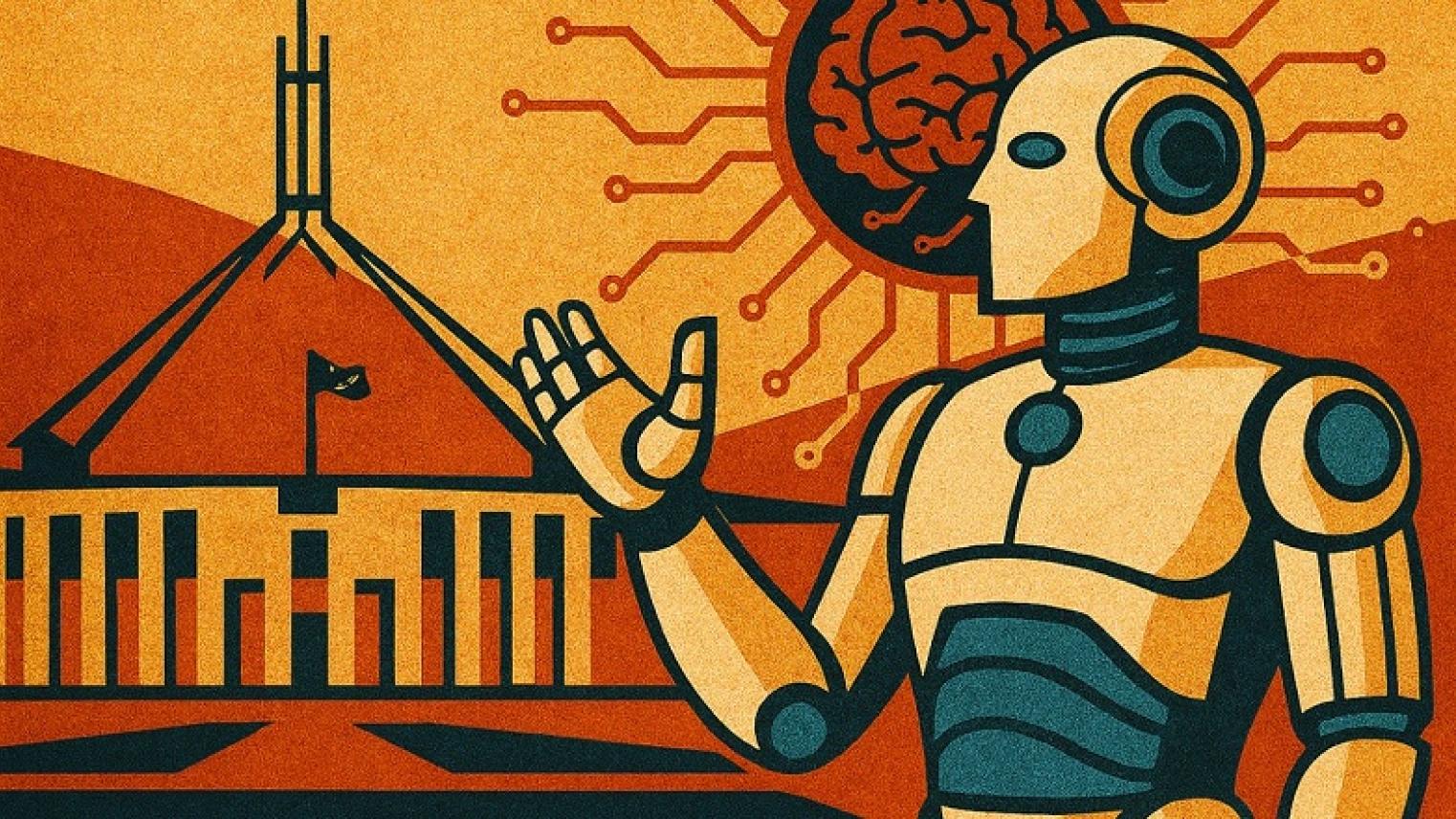 AI generated stylised image of humanoid robot with Australian Parliament House behind it, by Esther McVicar